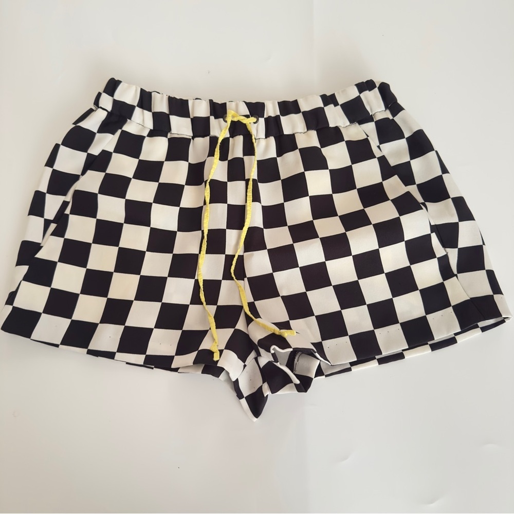 Zara Basic Checkered Shorts Black & White Gingham XS Neon Yellow Detail Spain